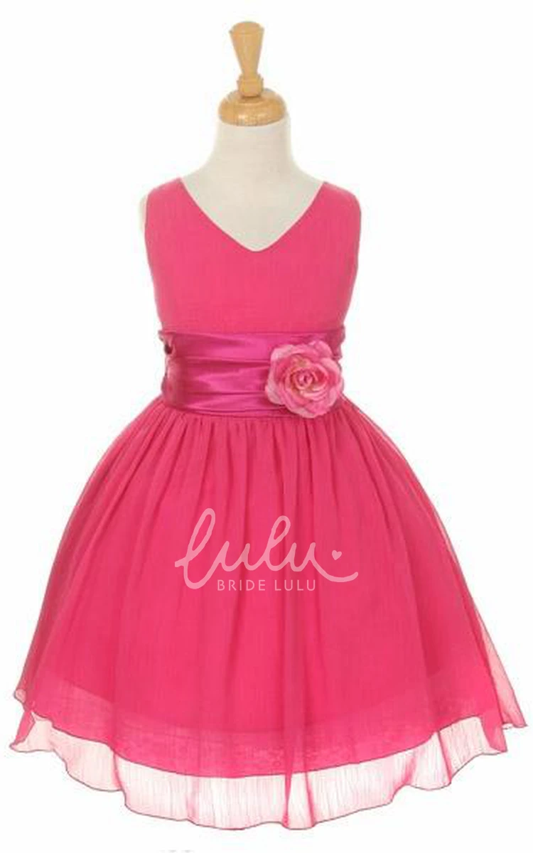 V-Neck Chiffon and Satin Flower Girl Dress Knee-Length and Tiered