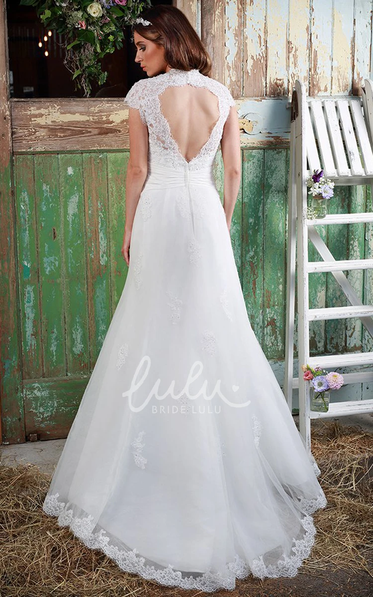 A-Line Cap-Sleeve Beaded V-Neck Lace Wedding Dress With Keyhole Modern Bridal Gown 2024