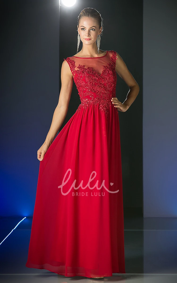 Scoop-Neck Sleeveless Sheath Dress with Appliques and Illusion in Chiffon Fabric