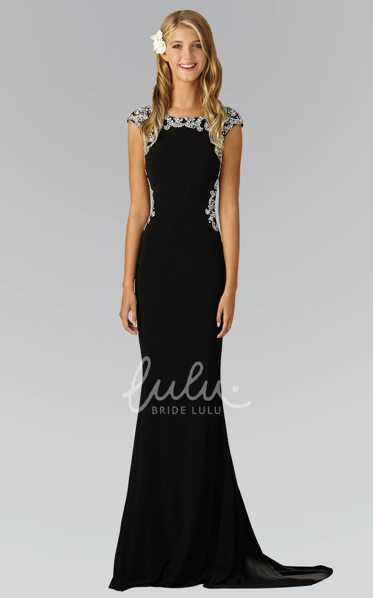 Cap-Sleeve Illusion Sheath Jersey Formal Dress with Beading and Bateau Neckline