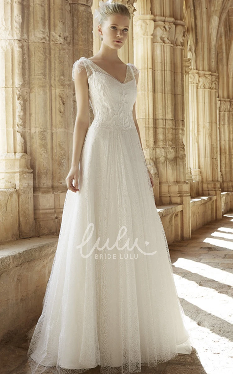 Lace Maxi A-Line Tulle Wedding Dress with V-Neck and Appliques