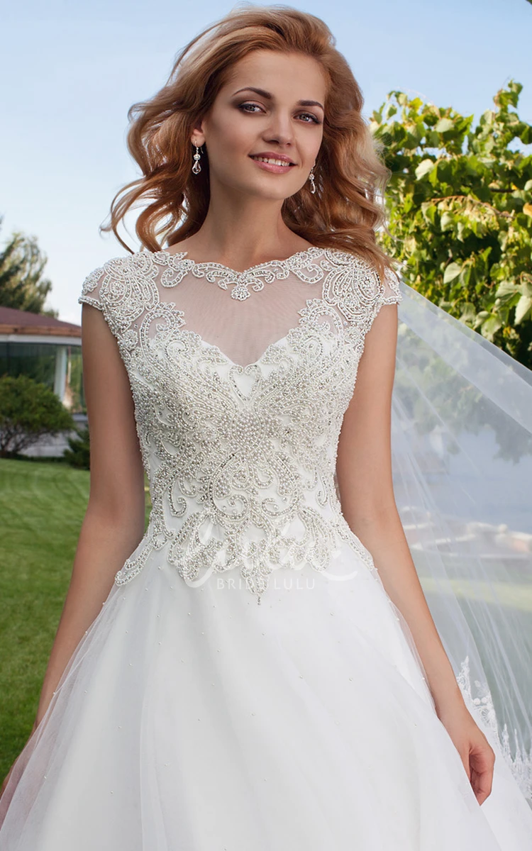 Cap Sleeve Appliqued Tulle Wedding Dress Elegant Ball Gown
