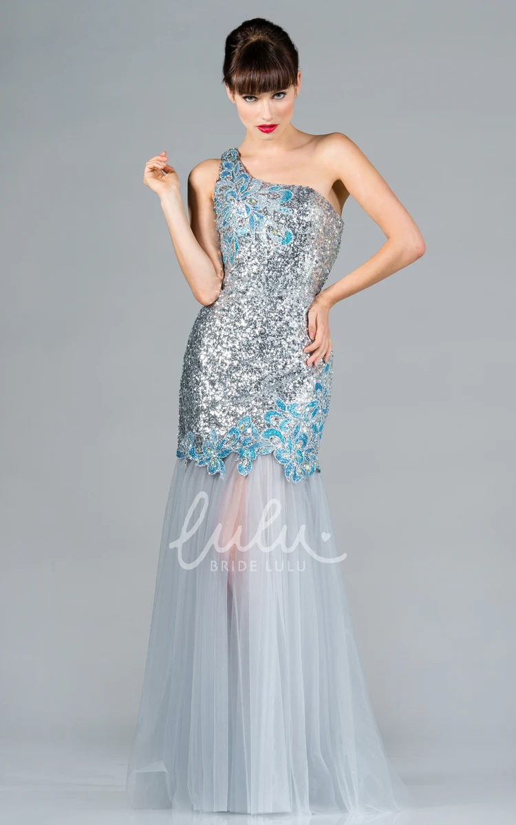 Sequin One-Shoulder Tulle Formal Dress with Pleats