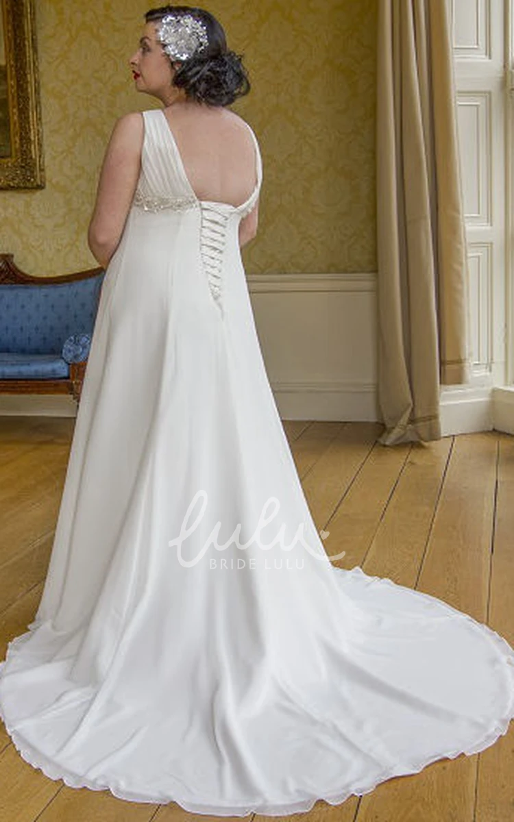 Empire V-Neck Lace-Up Wedding Dress with Train and Crystal Detail