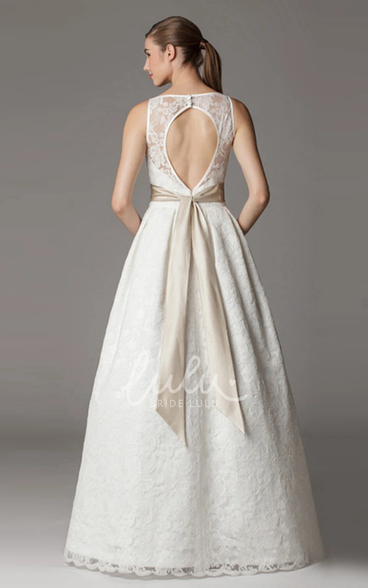 Appliqued Bateau-Neck Lace Wedding Dress with Bow A-Line Sleeveless