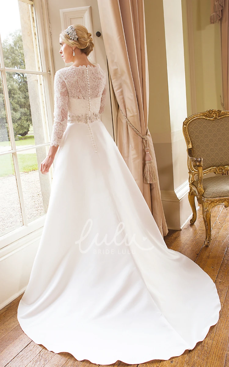 Satin Long Sleeve A-Line Wedding Dress with Bateau Neckline Classic Bridal Gown