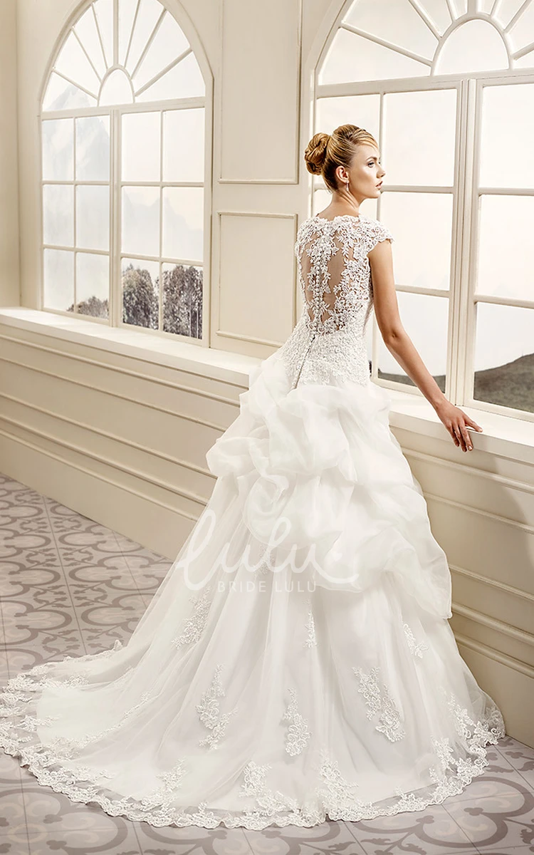 Organza and Lace Cap-Sleeve Wedding Dress with Illusion Stunning Ball Gown