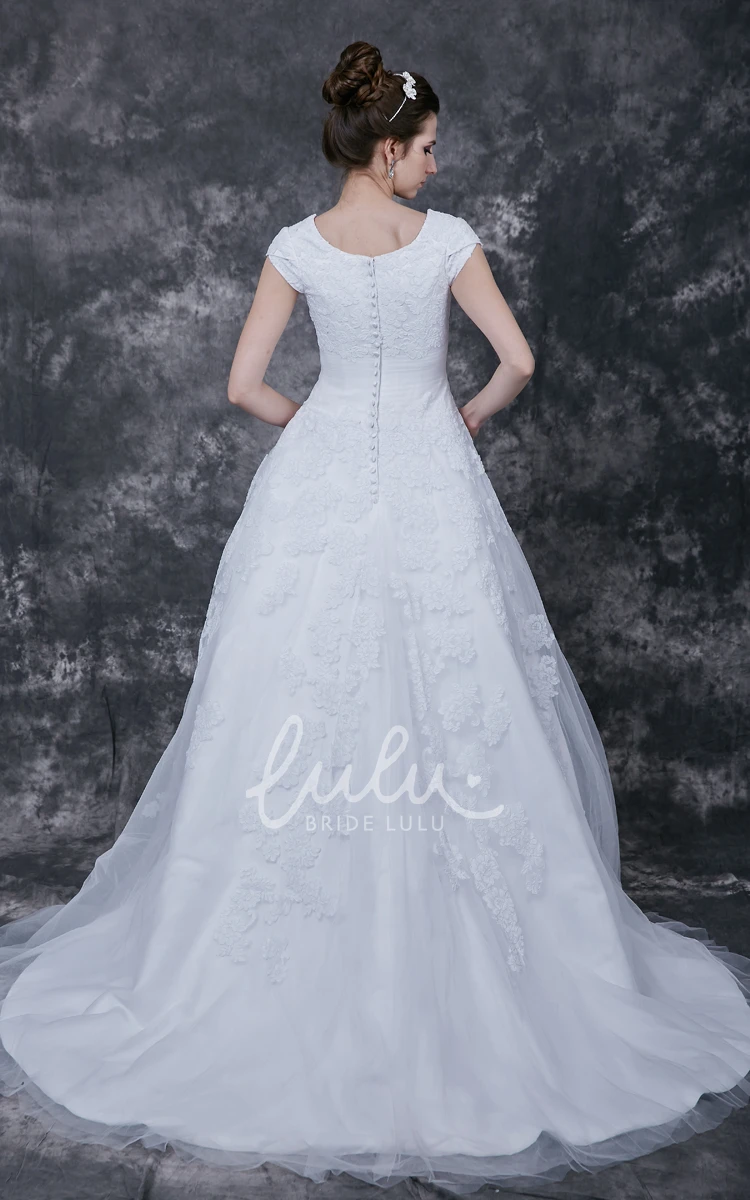 Modest Lace Cap Sleeve Wedding Dress with Court Train in Vintage Style