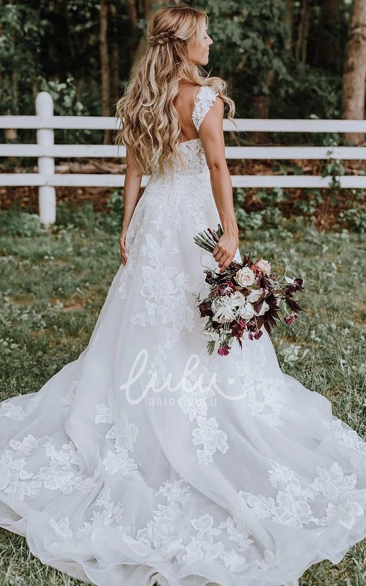 Bohemian Lace A-line Wedding Dress with Tulle Skirt and Straps