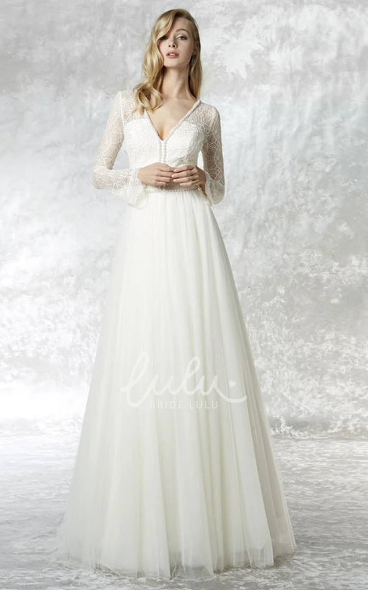 Lace V-Neck Tulle A-Line Wedding Dress with Illusion Sleeves and Brush Train