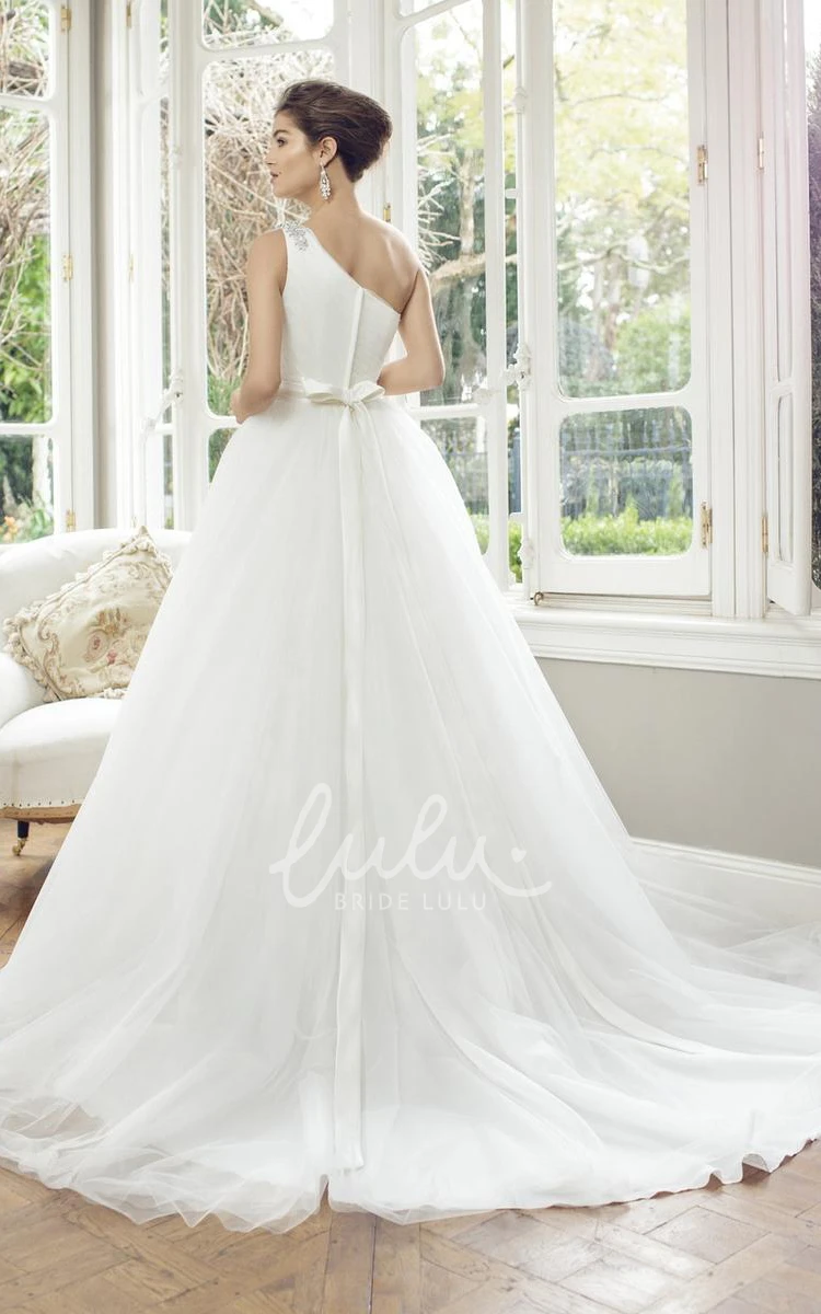 Jeweled One-Shoulder Tulle Wedding Dress with Ruching Ball Gown