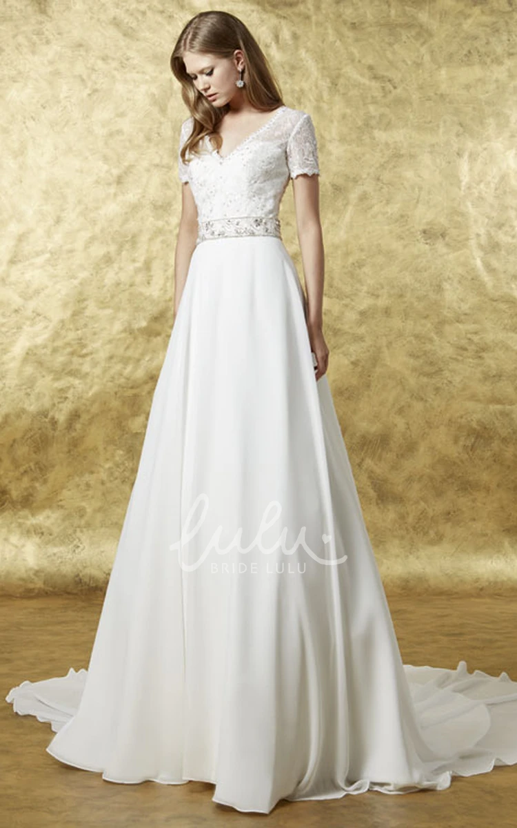 V-Neck Lace A-Line Wedding Dress Maxi Short Sleeves Chiffon