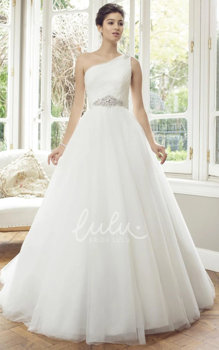 Jeweled One-Shoulder Tulle Wedding Dress with Ruching Ball Gown