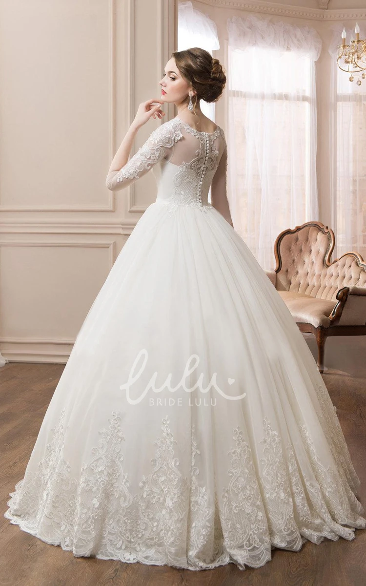 Illusion Sleeve Ball Gown Wedding Dress with Scoop Neck