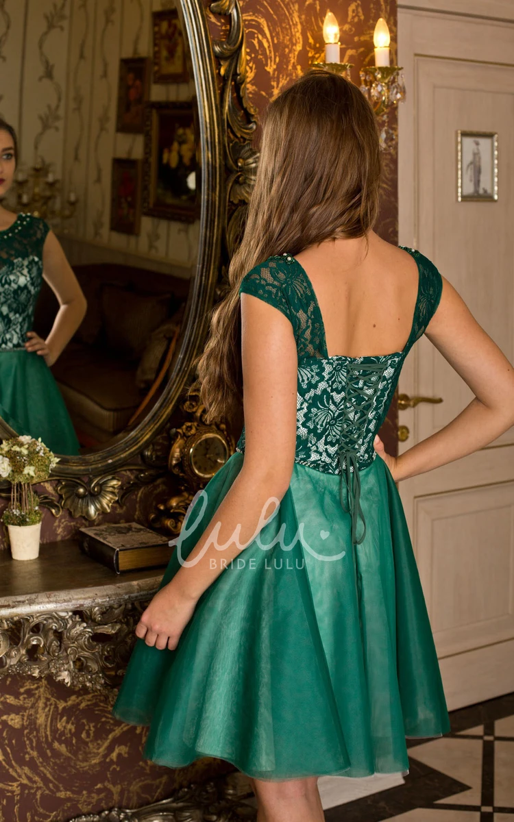 Lace-Up Tulle A-Line Short Formal Dress with Bateau Neckline