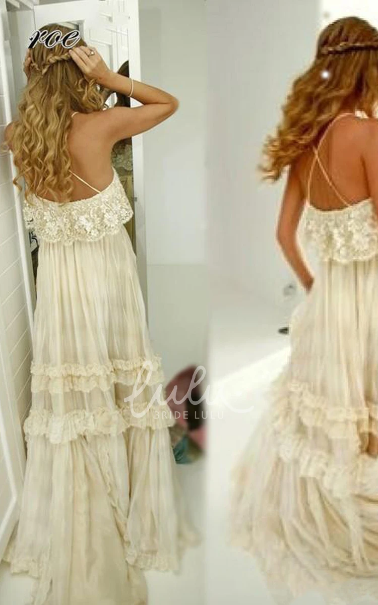 Spaghetti Straps Ethereal Destination Wedding Dress with Cross Back and Tiered Court Train