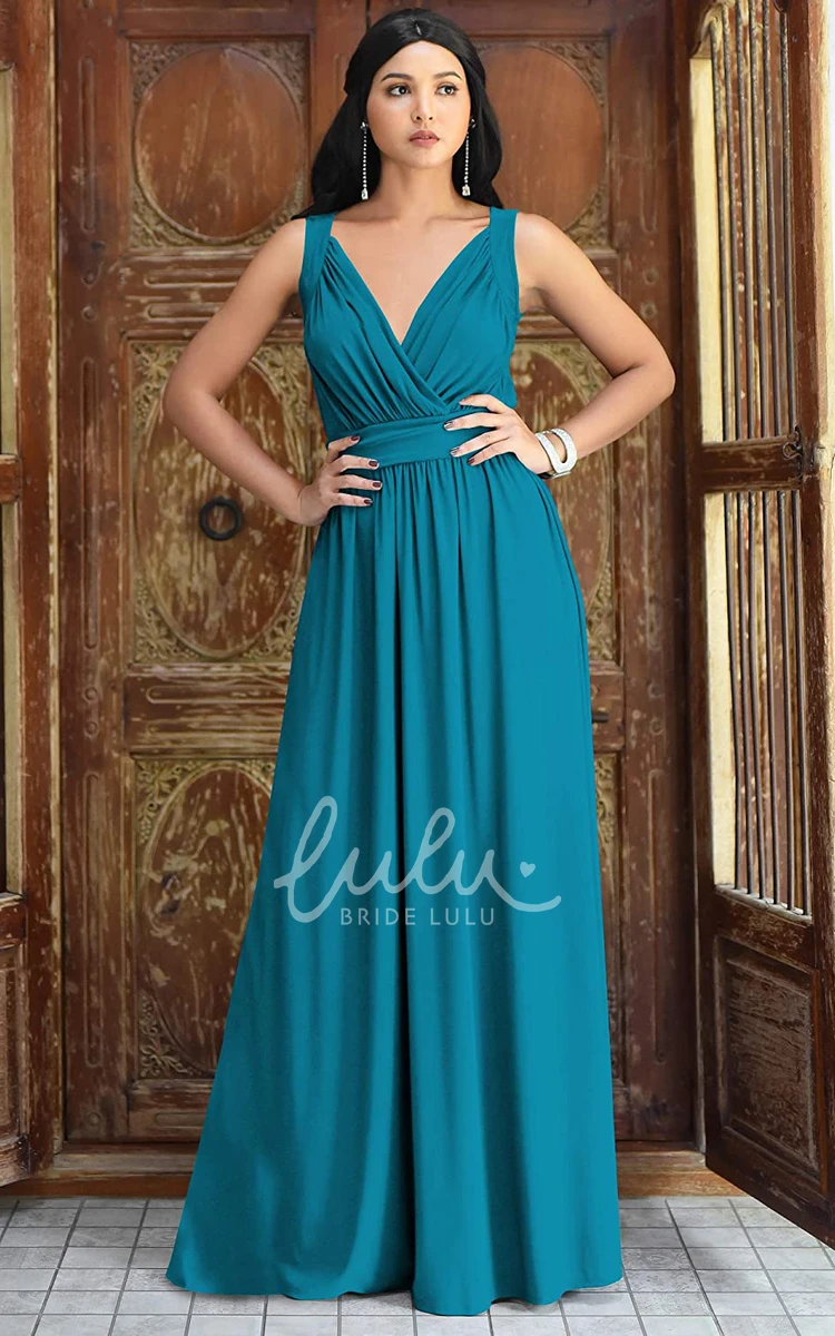 Chiffon V-neck A-line Bridesmaid Dress with Ruching Casual Floor-length