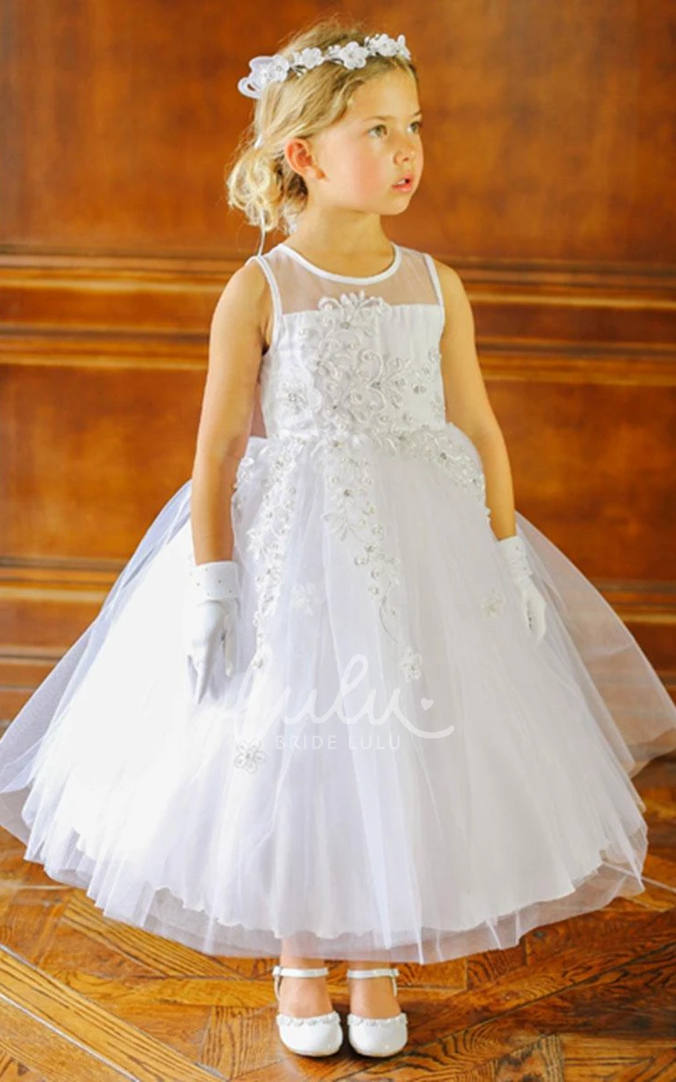 Ankle-Length Floral Tulle&Lace Flower Girl Dress Beaded Elegant 2024