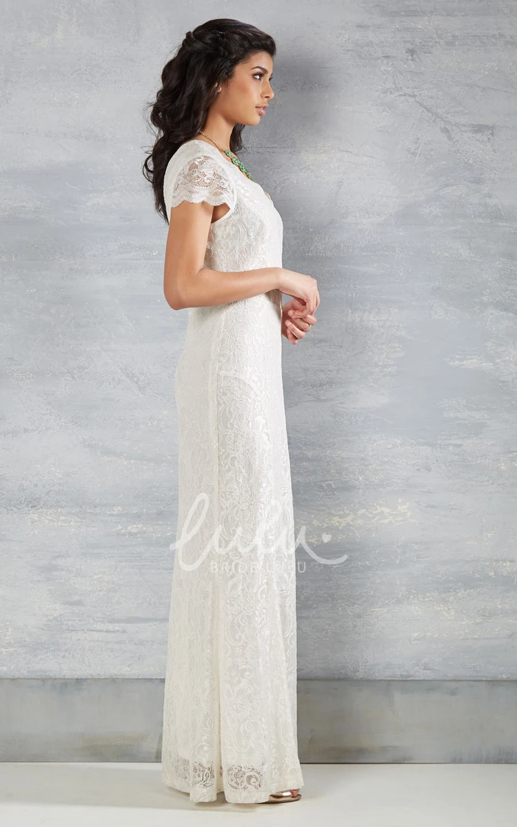 Maxi V-Neck Lace Wedding Dress with Cap-Sleeves Sheath