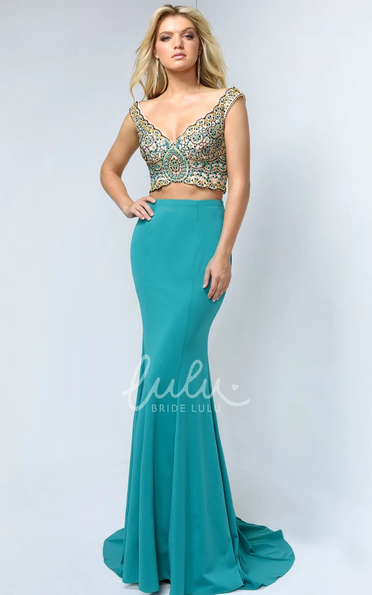 V-Neck Sheath Jersey Sleeveless Formal Dress With Beading Low-V Back