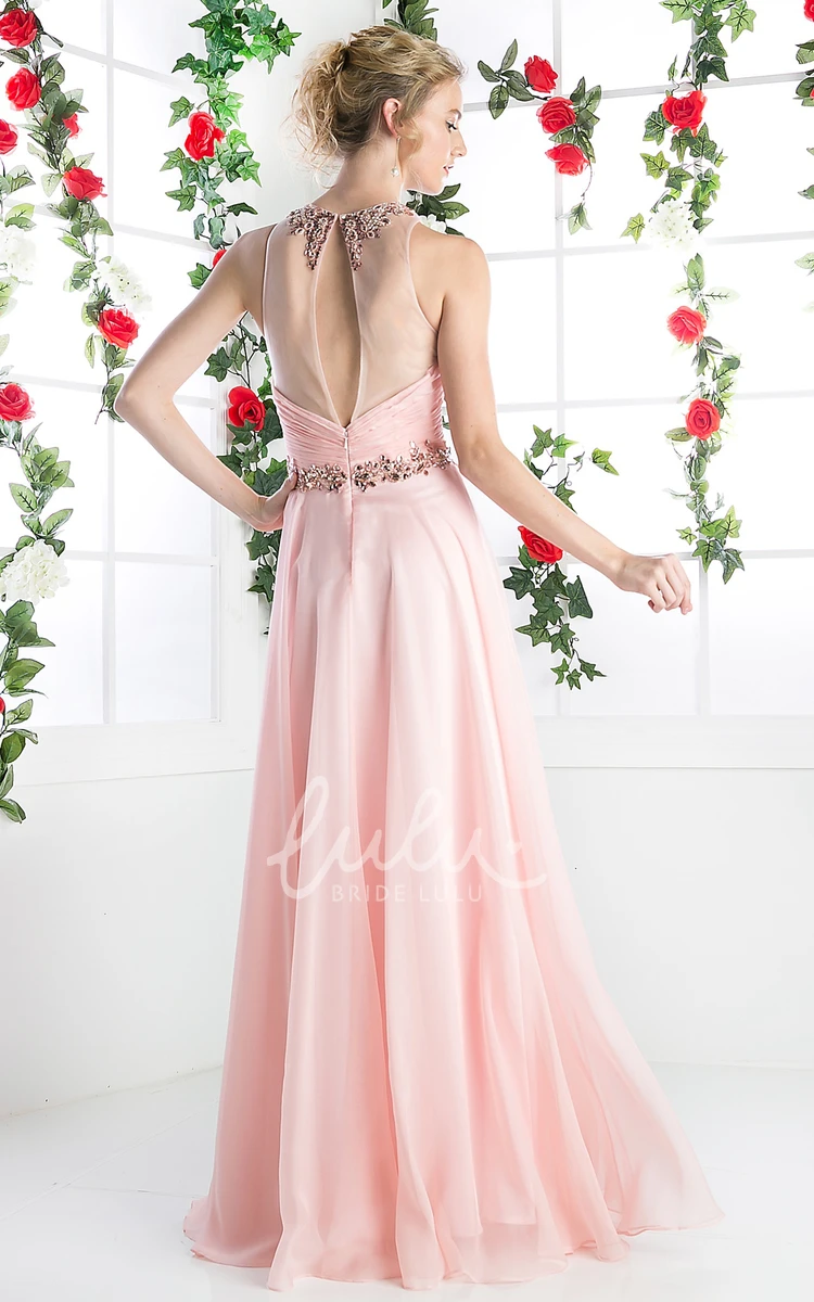 A-Line Sleeveless Chiffon Illusion Prom Dress with Ruching and Beading