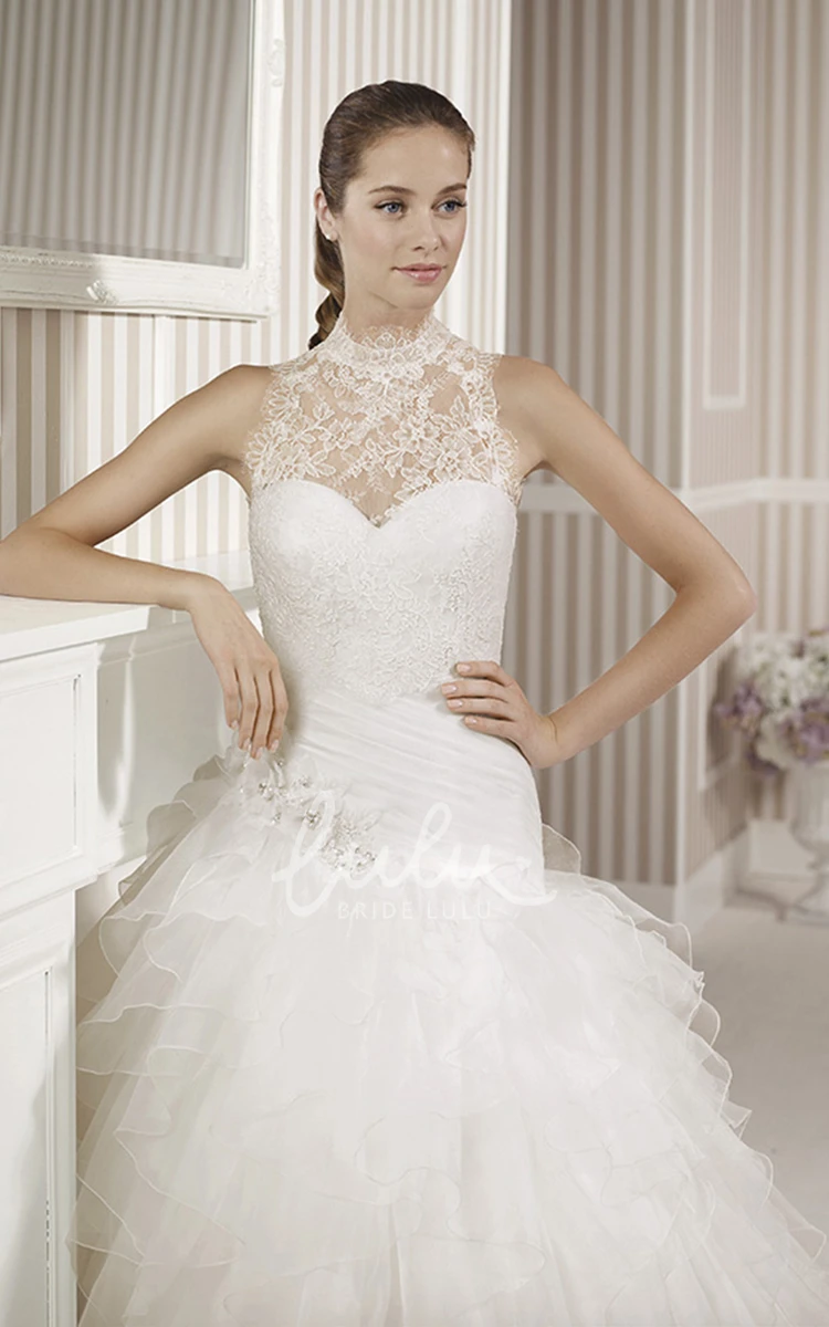 Ruffled Organza Sweetheart Ball Gown Wedding Dress with Criss Cross and Flowers