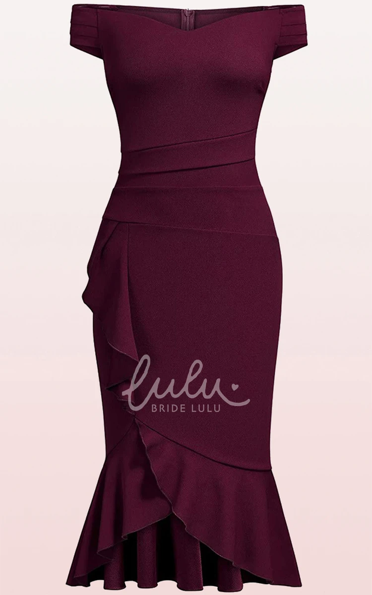Elegant Satin Off-the-shoulder Bodycon Guest Dress with Ruffles and Sleeveless Formal Dress