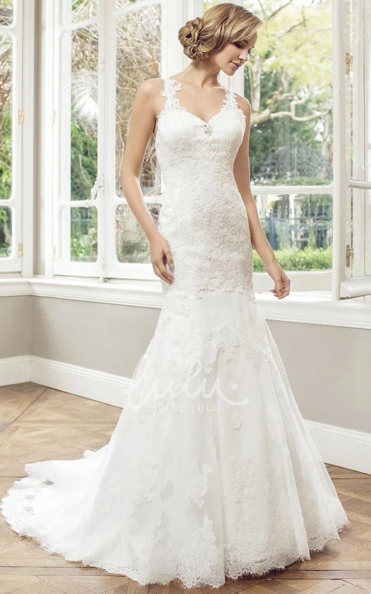 Lace Sleeveless V-Neck Wedding Dress with Court Train Sheath Maxi Style