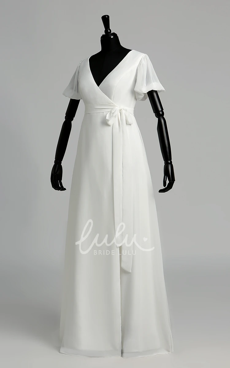 Chiffon A-Line Wedding Dress with Court Train and Ribbon Sash