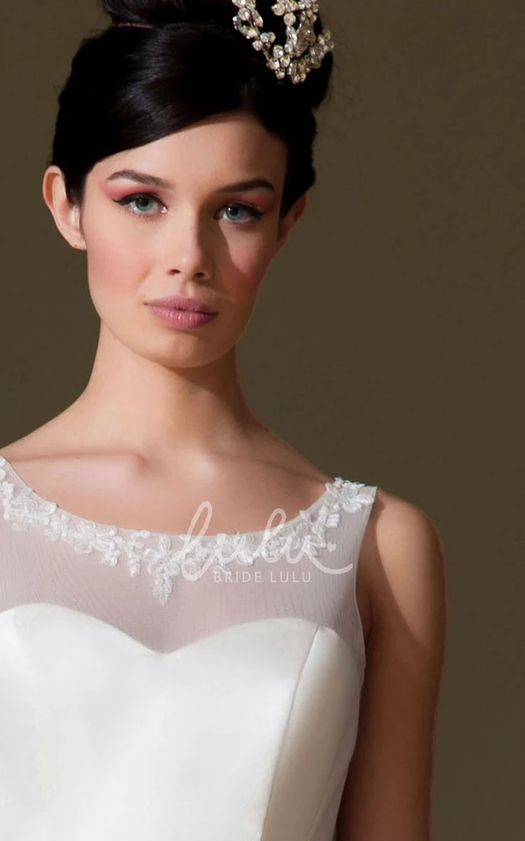 Sleeveless Satin Bateau Wedding Dress with Appliques and Low-V Back