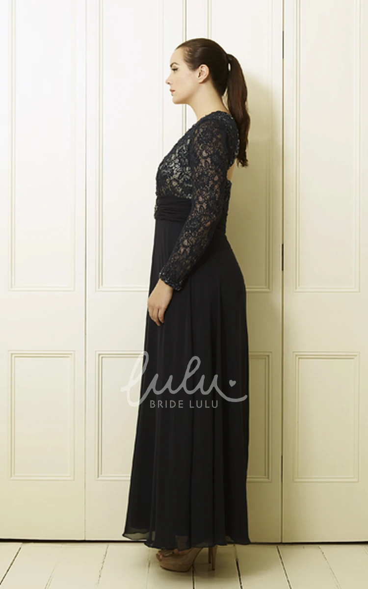 Plus Size Lace&Chiffon Prom Dress with A-Line V-Neck and Long-Sleeves