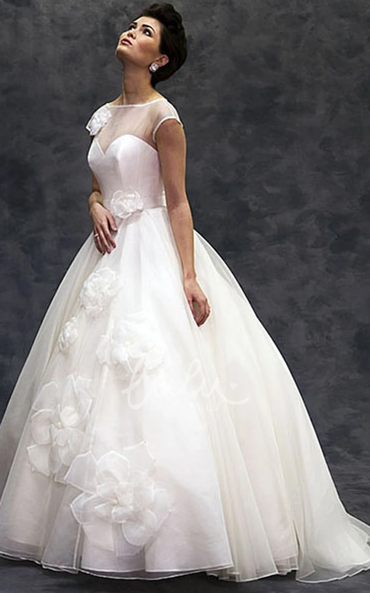 Ball Gown Tulle Wedding Dress with Flower and Illusion Short-Sleeve Bateau-Neck Floor-Length