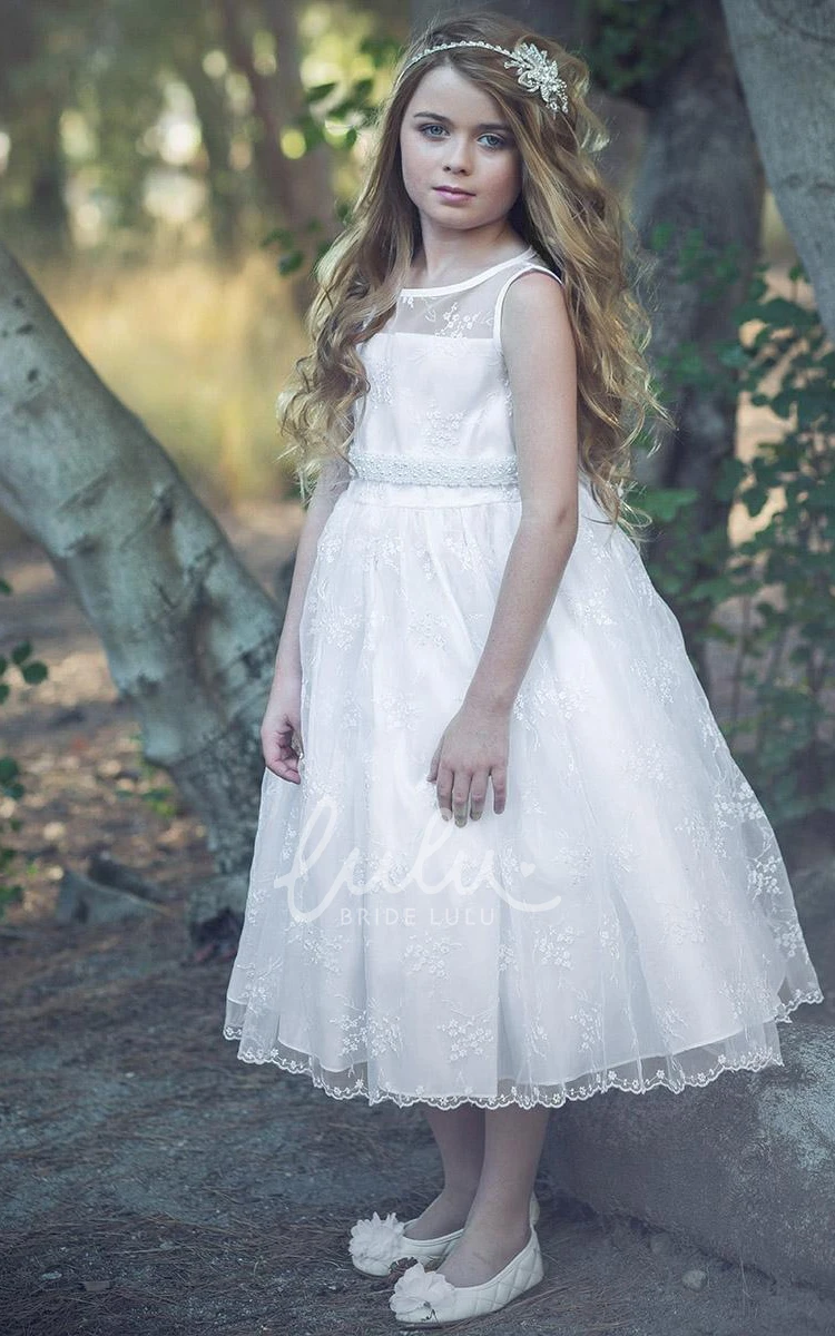 Floral Lace Tea-Length Flower Girl Dress with Illusion Beaded & Organza