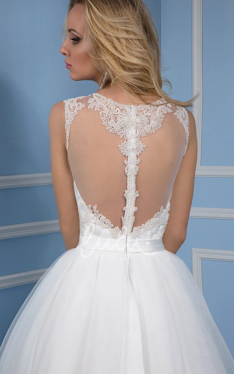 Appliqued Scoop Tulle Wedding Dress with Illusion Back Maxi Ball Gown