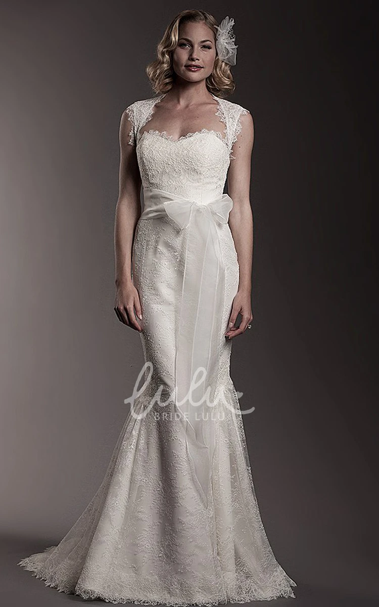 Queen-Anne Trumpet Lace Wedding Dress with Appliques and Bow