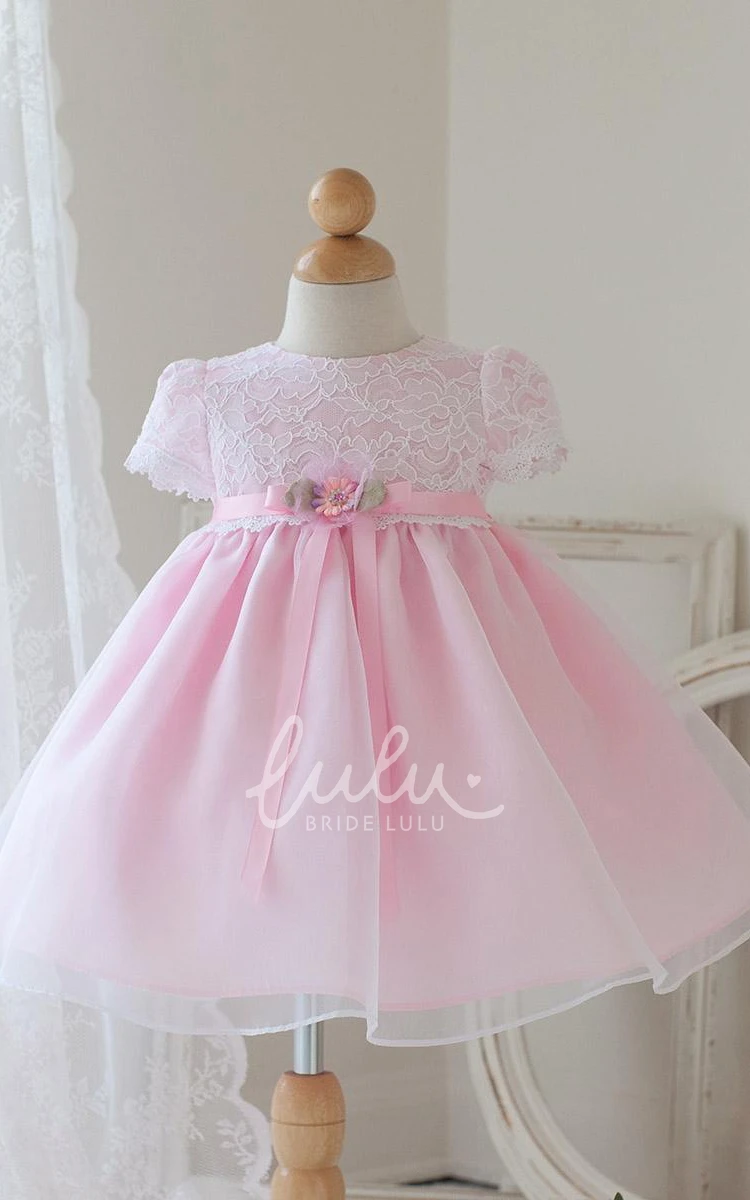 Bowed Lace & Organza Floral Dress with Ribbon Tea-Length Flower Girl Dress