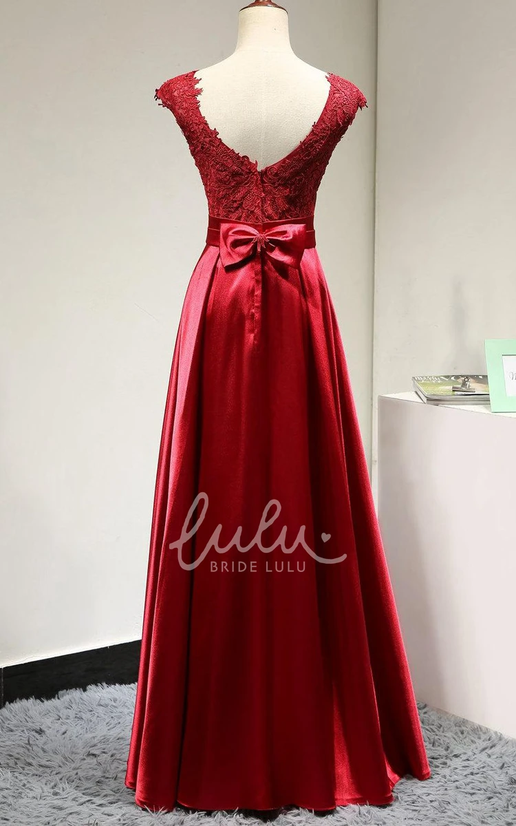 Satin Dress with Lace Cap Sleeves Beaded Belt and Elegant Style
