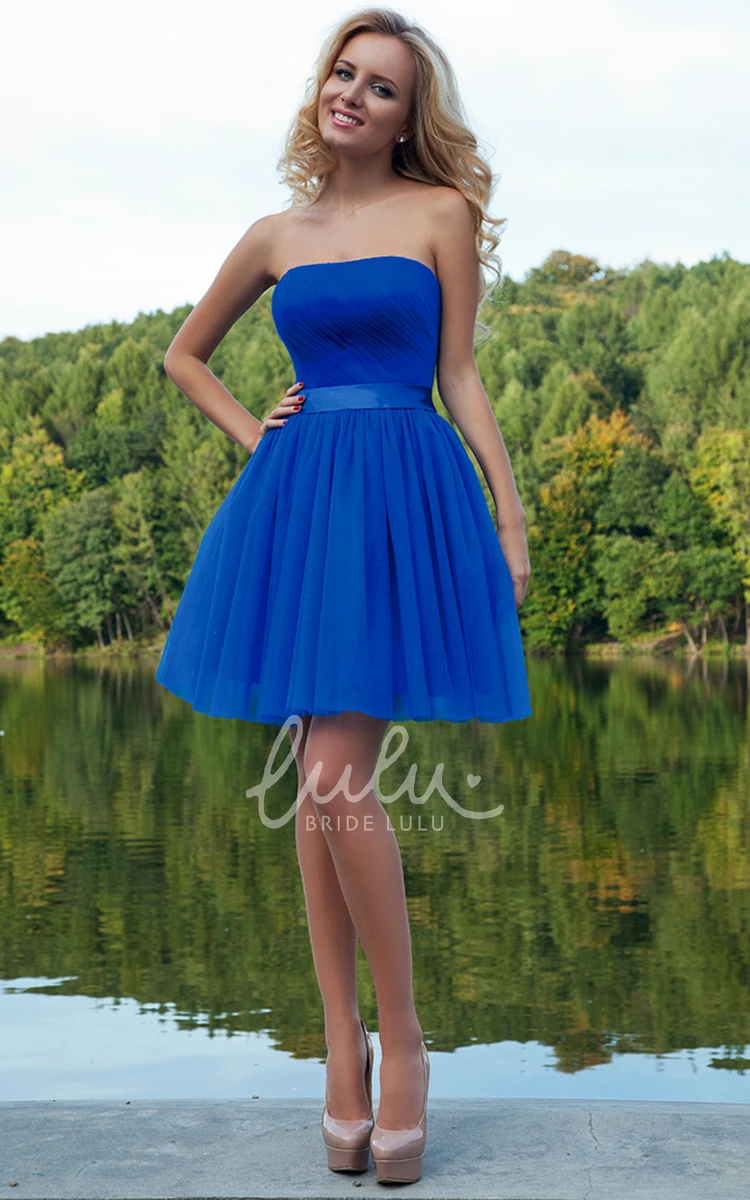 Ruched Strapless Tulle Prom Dress with Sash Short & Elegant