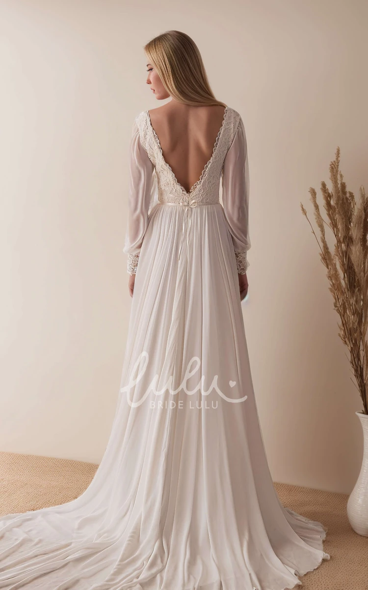 Romantic Elegant Boho Spring Long Sleeve A-Line Lace Chiffon Wedding Dress with Sash Flowy Modest Split Front V-Neck Low Back Court Train Reception Bridal Gown