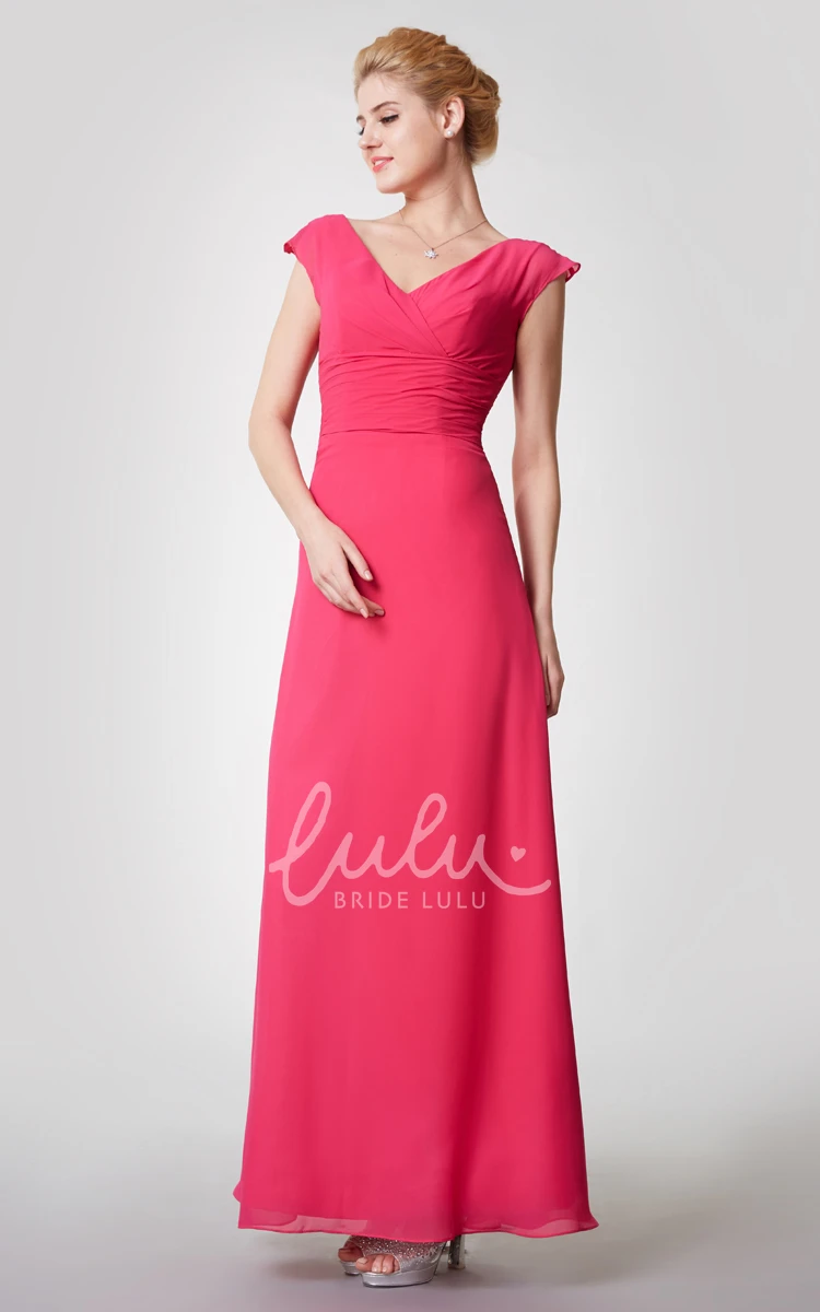 Cap-sleeved A-line Chiffon Bridesmaid Dress with Low V Back Flowy and Simple