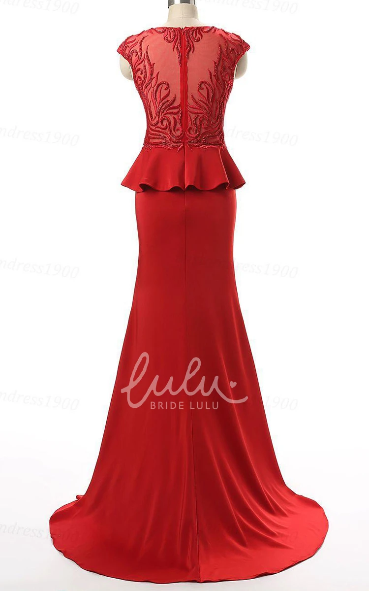 Chiffon Cap Sleeve Beaded Formal Dress with Embroideries and Peplum