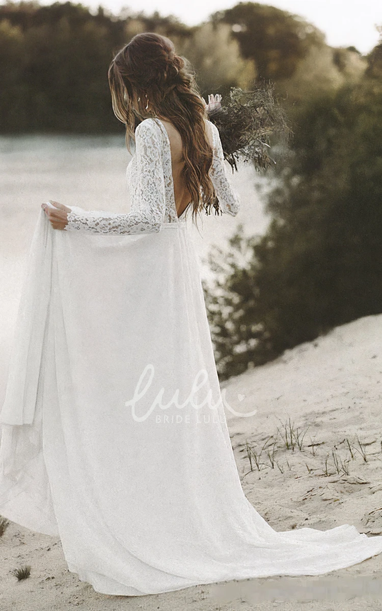 A-line V-neck Wedding Dress with Long Lace Sleeves and Simple Elegance