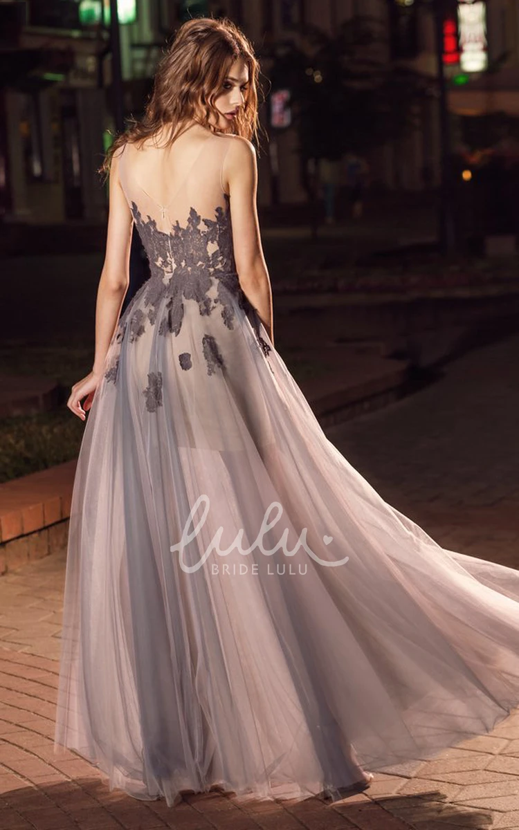 Maxi Tulle Dress with Appliques Pleats and Low-V Back for Prom or Formal Event