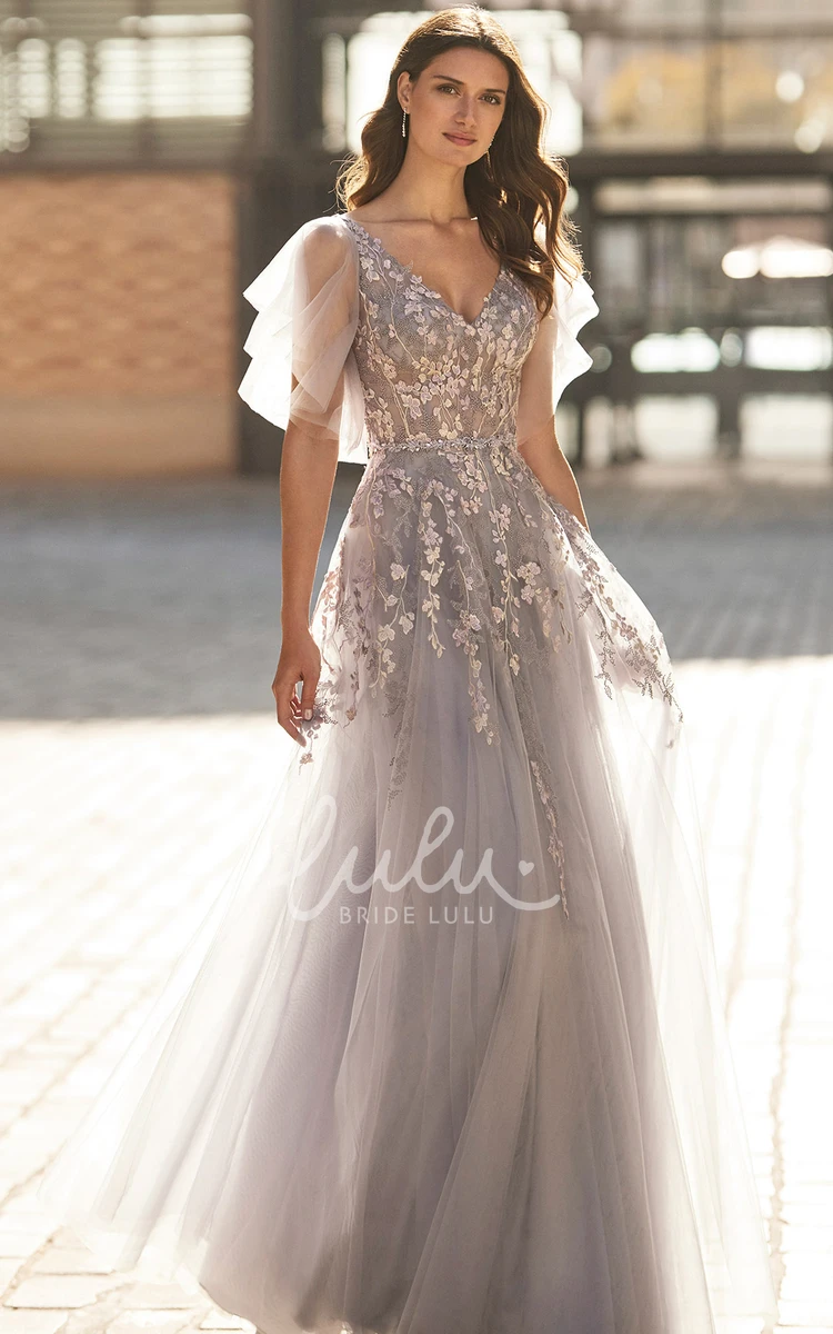 Bohemian Tulle V-neck A-Line Evening Dress Flowy Beach Wedding Dress
