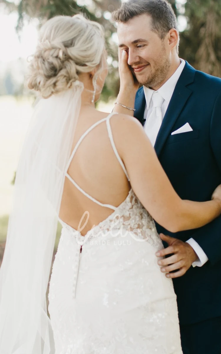 Bohemian Spaghetti Plus Size Applique Tulle A-Line Sequins Wedding Dress