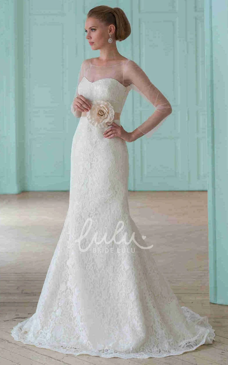 Lace Illusion-Sleeve Floor-Length Wedding Dress with Flower Elegant Sheath Style