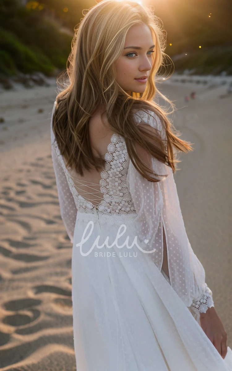 Boho Beach A-Line Lace Chiffon Plunging Neckline Wedding Dress Romantic Vintage Puff Long Sleeve Floor-length V Back Bridal Dress