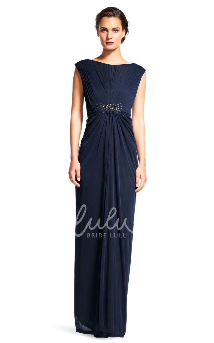 Jewel-Neck Ruched Chiffon Bridesmaid Dress Cap-Sleeve Pencil Style with Waist Jewellery