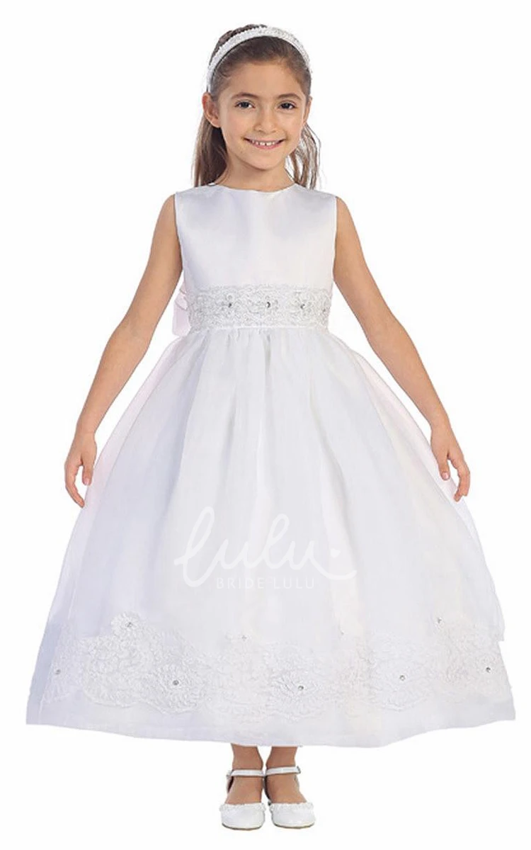 Beaded Lace&Organza Floral Girl Dress Ankle-Length Wedding Dress with Sash
