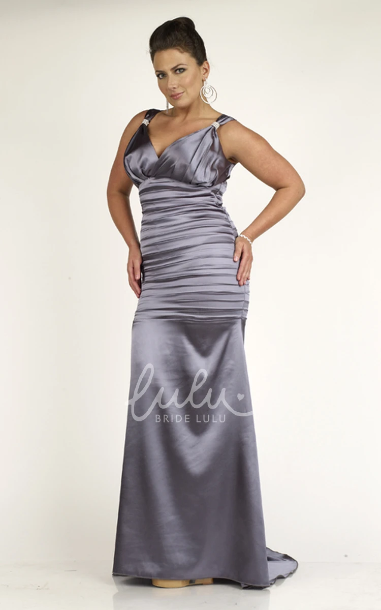 V-neck Sleeveless Satin Ruching Floor-length Bridesmaid Dress with Low-V Back